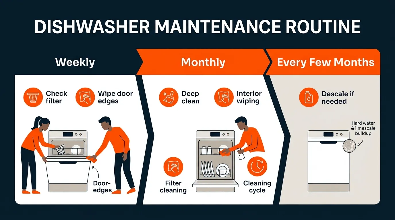 Dishwasher maintenance routine showing weekly filter checks, monthly deep cleaning, and periodic descaling