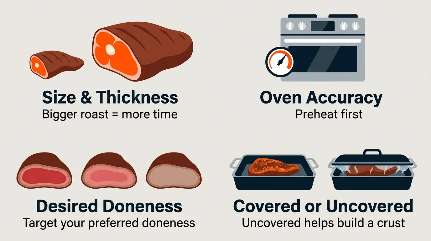 Tri tip cooking time factors showing roast size, oven accuracy, desired doneness, and covered versus uncovered cooking