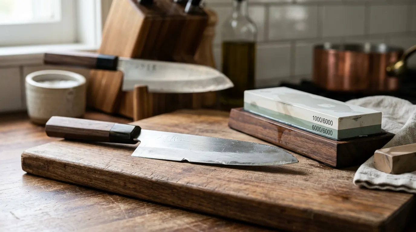 Damaged kitchen knife with chipped edge and bent tip prepared for professional sharpening service