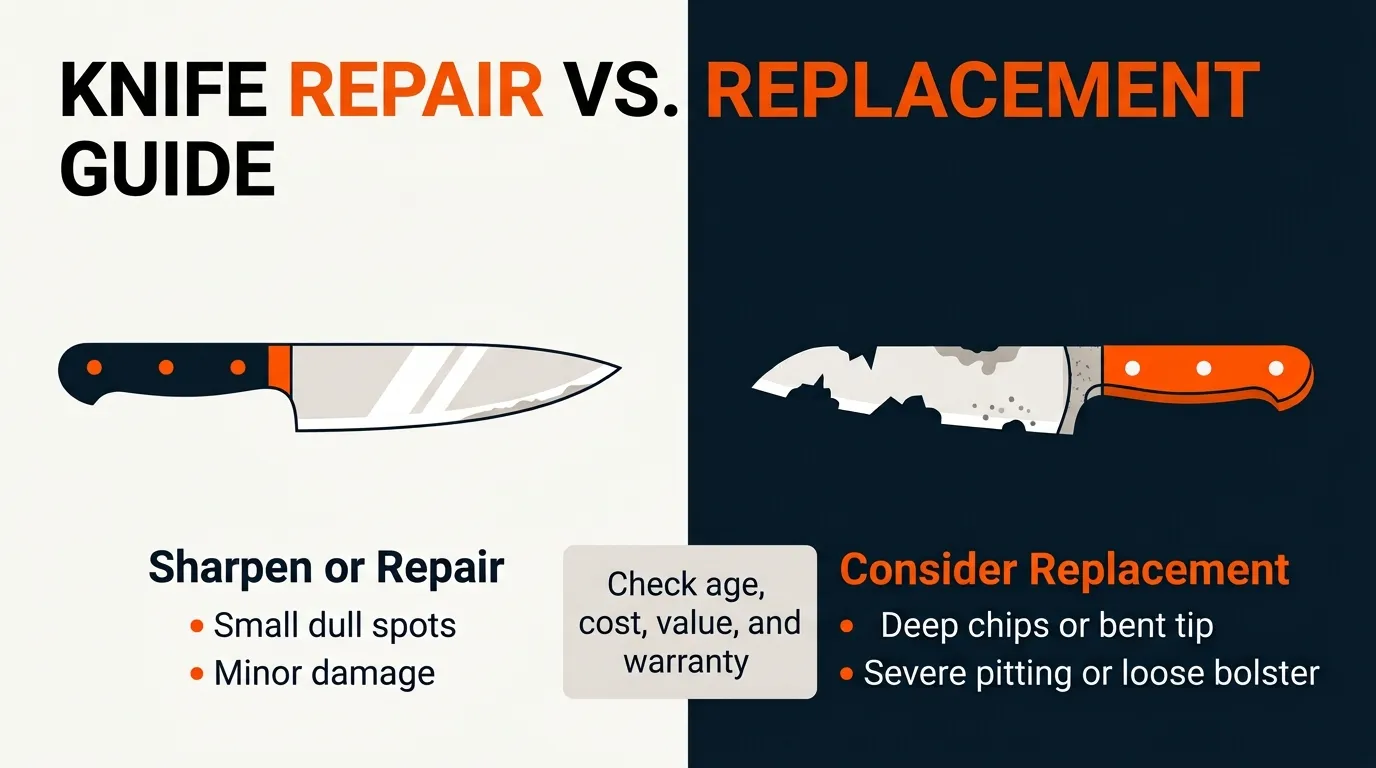 Kitchen knife with minor edge wear compared with a severely damaged blade to illustrate repair or replacement decisions