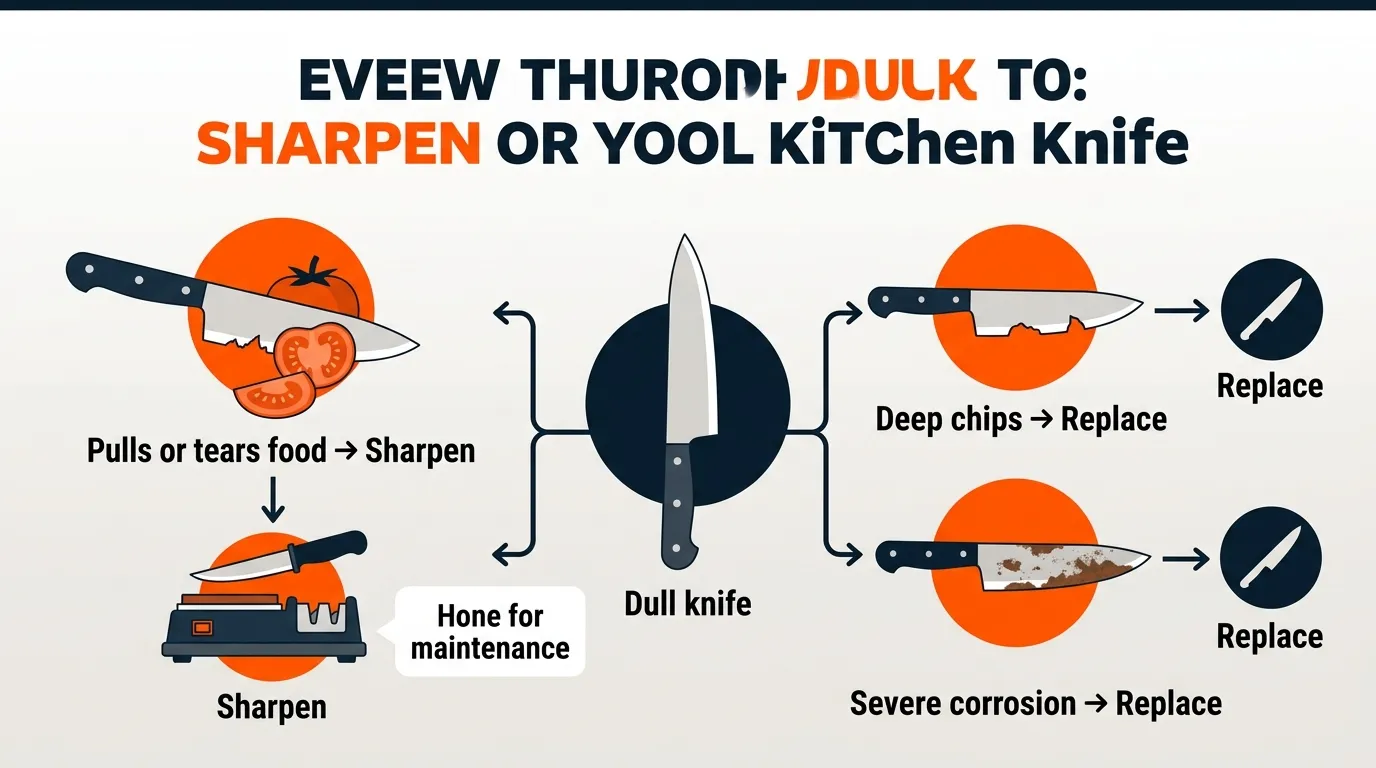 Kitchen knife decision guide showing a dull blade suitable for sharpening and a damaged blade that should be replaced
