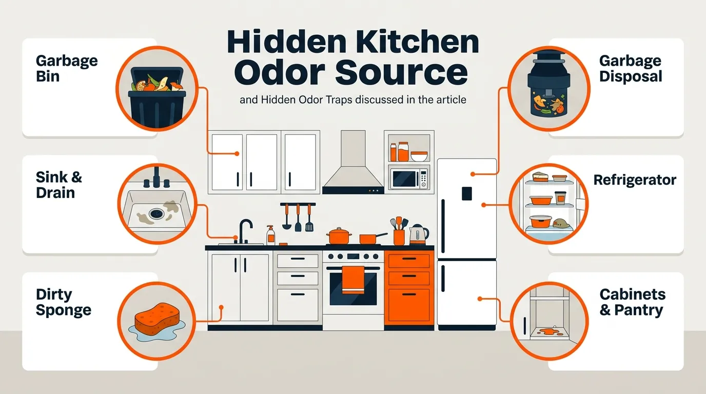 Kitchen odor sources including a garbage bin, sink drain, dirty sponge, refrigerator leftovers, and pantry spills