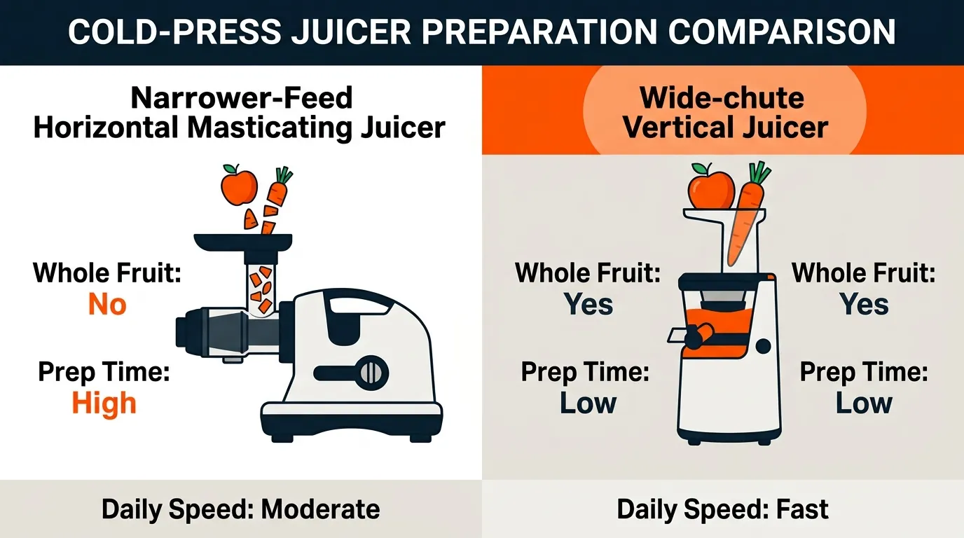 Comparison showing whole produce ready for a wide-chute juicer beside chopped ingredients prepared for a narrower-feed juicer