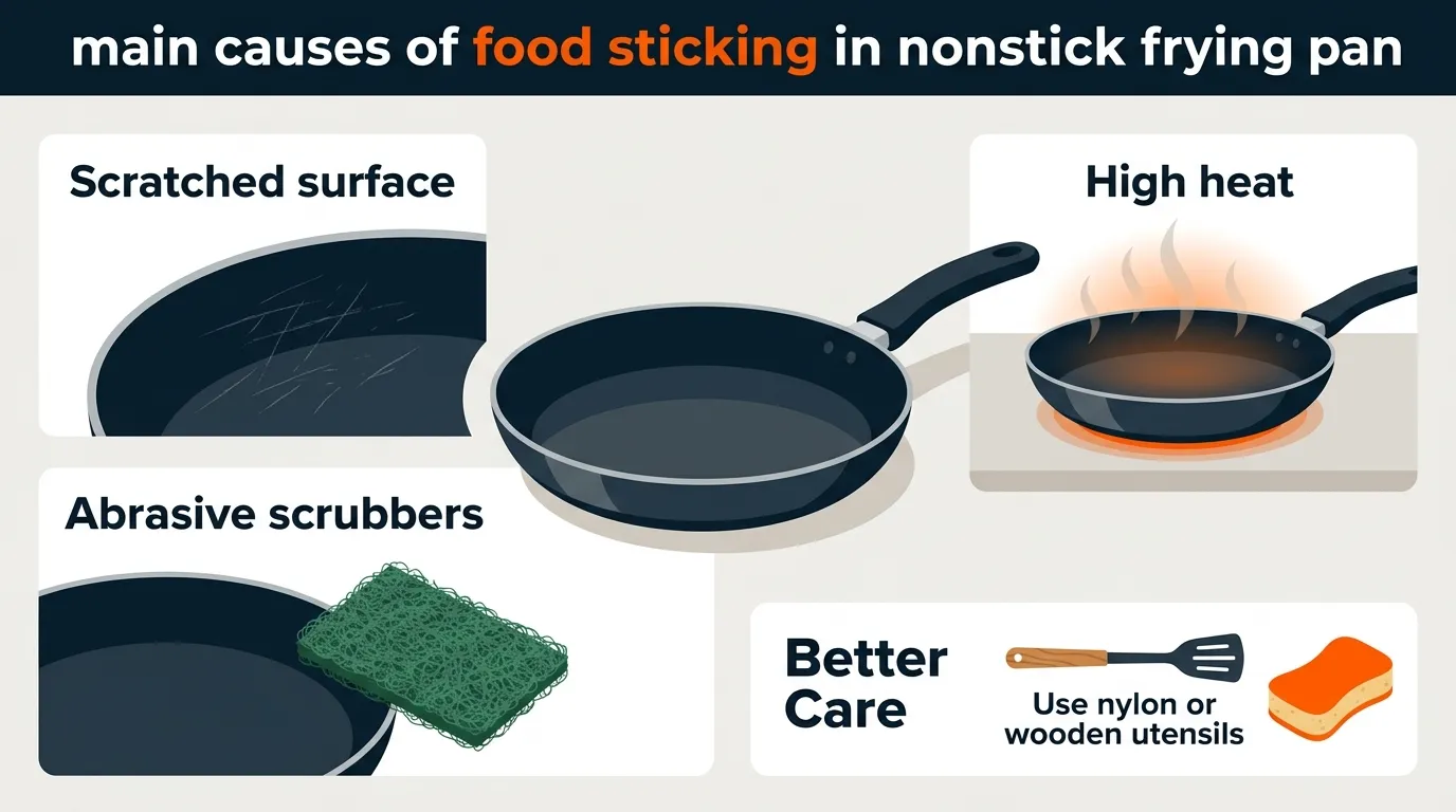 Nonstick frying pan showing food sticking caused by surface damage and improper cooking conditions