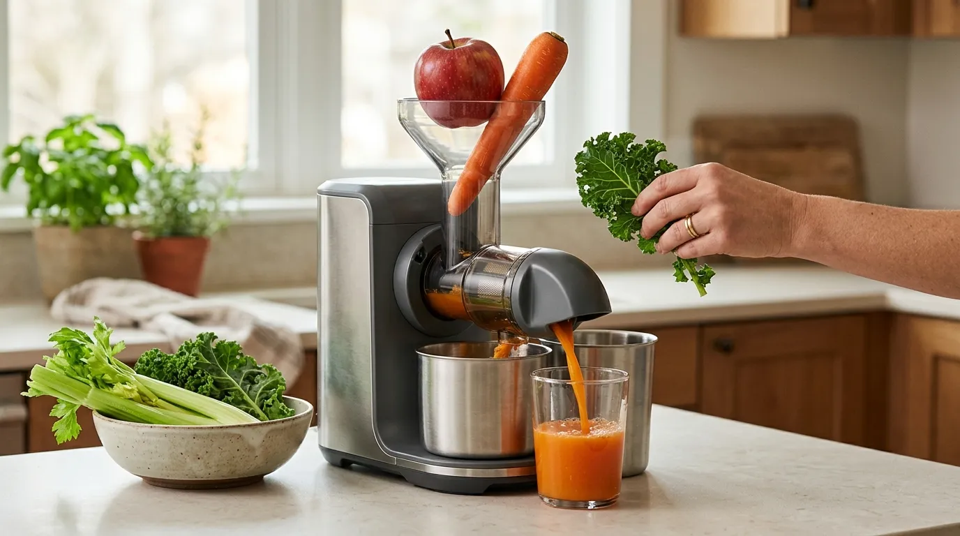 Vertical cold-press juicer processing whole apples and carrots through a wide feed chute during a morning kitchen routine
