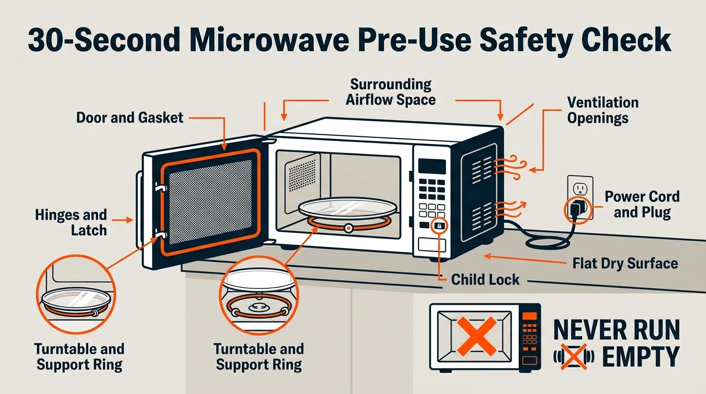 Microwave safety checklist showing the door, gasket, vents, turntable, cord, and surrounding space to check before cooking