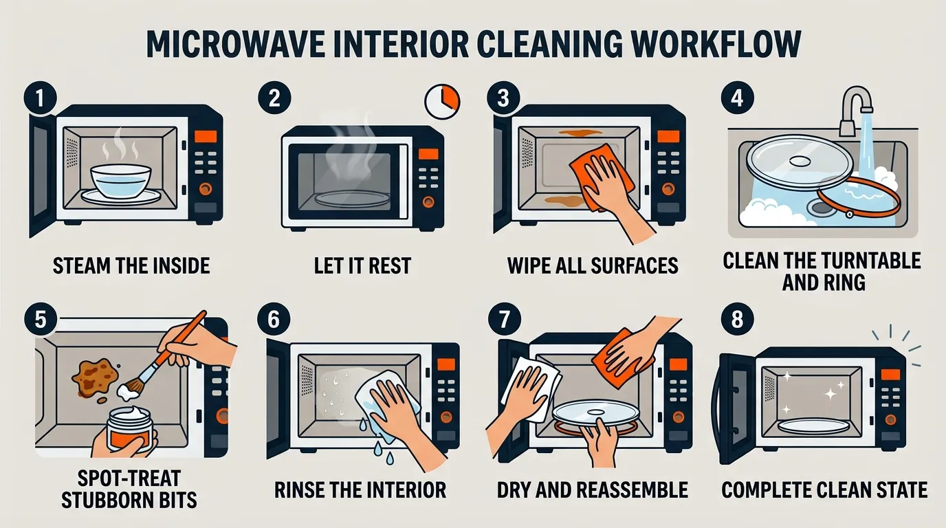 Eight-step microwave cleaning workflow showing steaming, wiping, washing, spot-treating, rinsing, drying, and reassembly