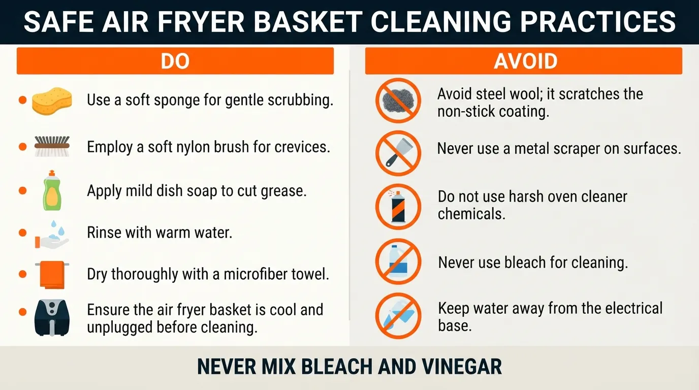 Air fryer cleaning tools arranged to show safe soft cleaning methods and harmful abrasive tools to avoid
