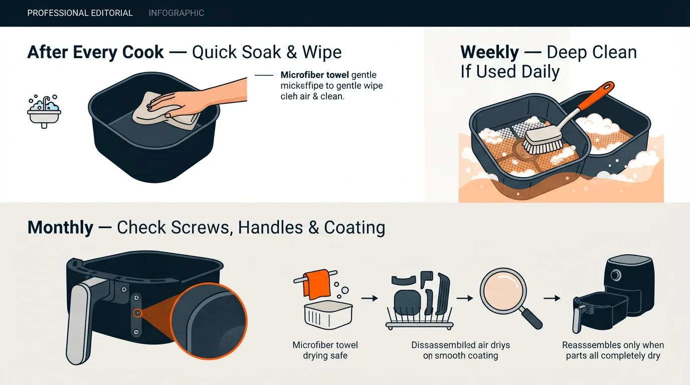 Clean air fryer basket drying beside a microfiber towel with a simple after-use, weekly, and monthly maintenance routine