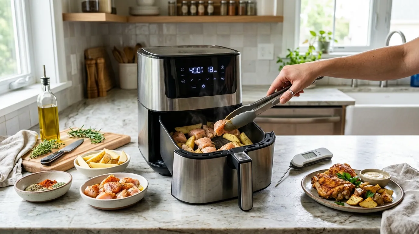 Beginner air fryer workflow showing food preparation, basket spacing, cooking, flipping, and doneness checking
