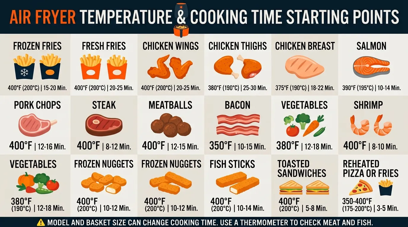 Air fryer temperature and cooking time guide for fries chicken fish vegetables and other common foods