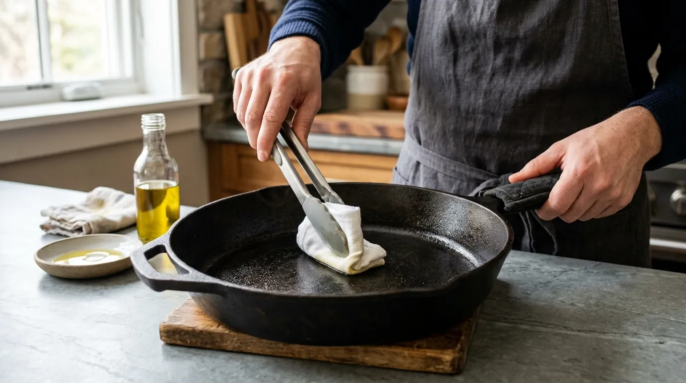 Thin layer of oil being wiped across the interior of a cast iron skillet before oven seasoning