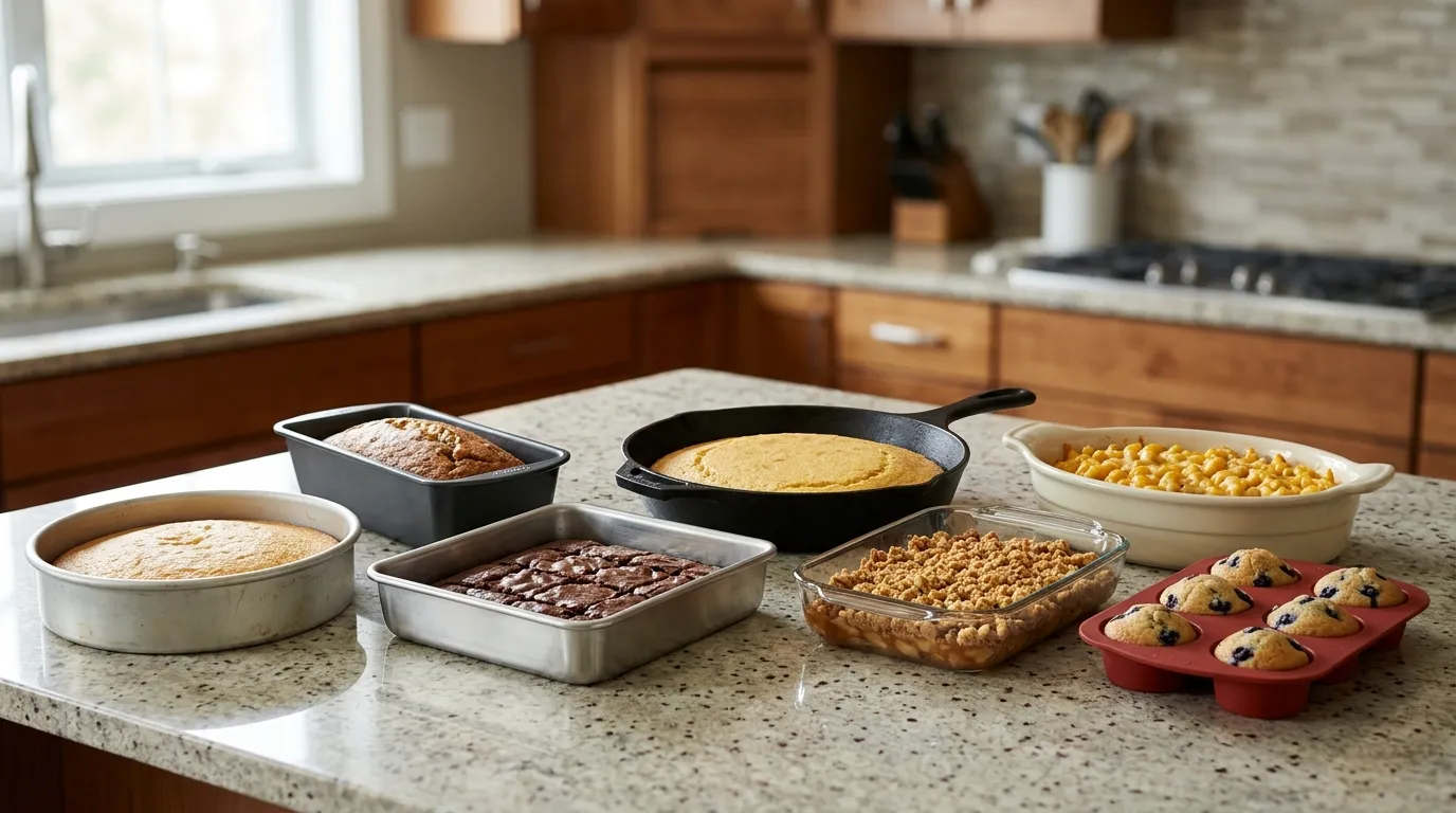Metal glass ceramic and silicone bakeware arranged to show different materials used for baking
