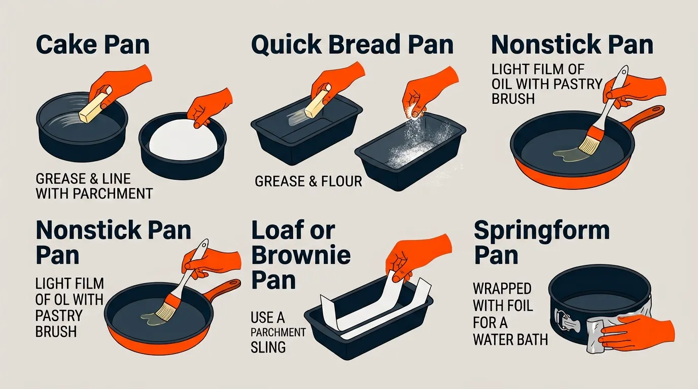 Bakeware preparation methods showing greasing, parchment lining, flouring, and pan protection