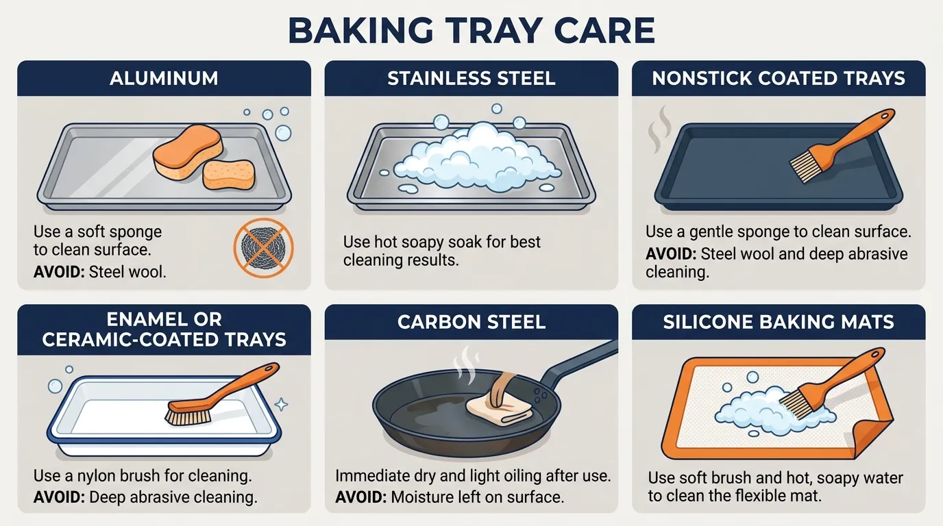 Cleaning methods compared for aluminum stainless steel nonstick enamel carbon steel and silicone baking surfaces