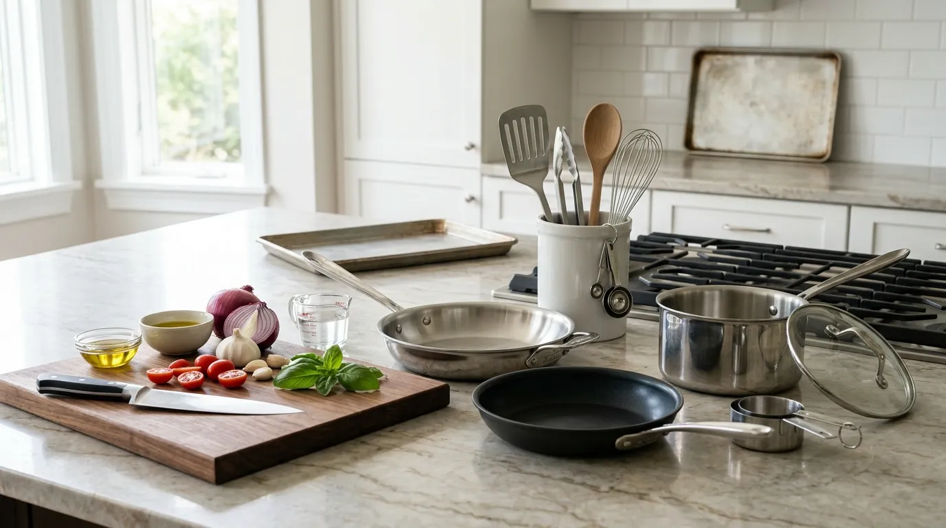 Beginner-friendly kitchen setup with essential cookware, knives, ingredients, and cooking tools arranged for everyday meals