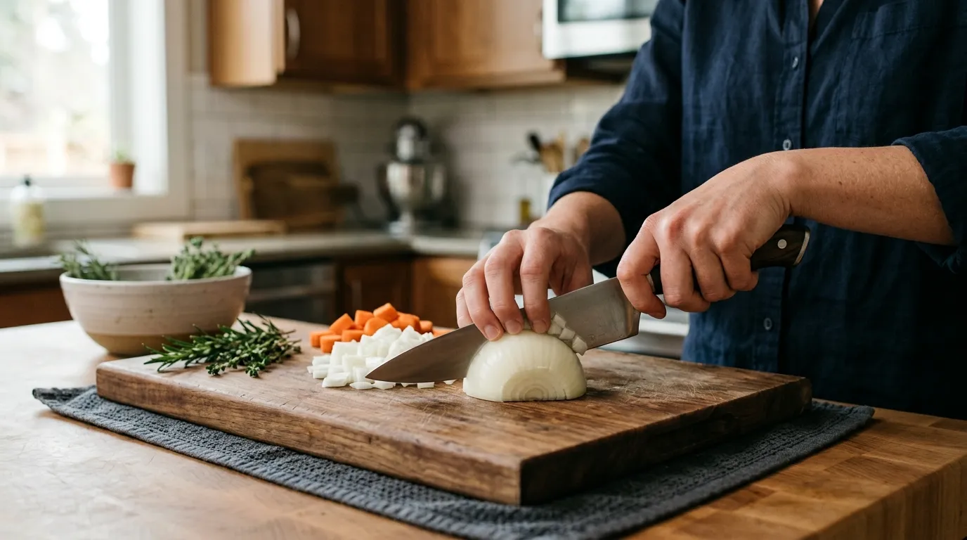 Beginner cook using a proper chef’s knife grip with a stable cutting board and curled guide hand