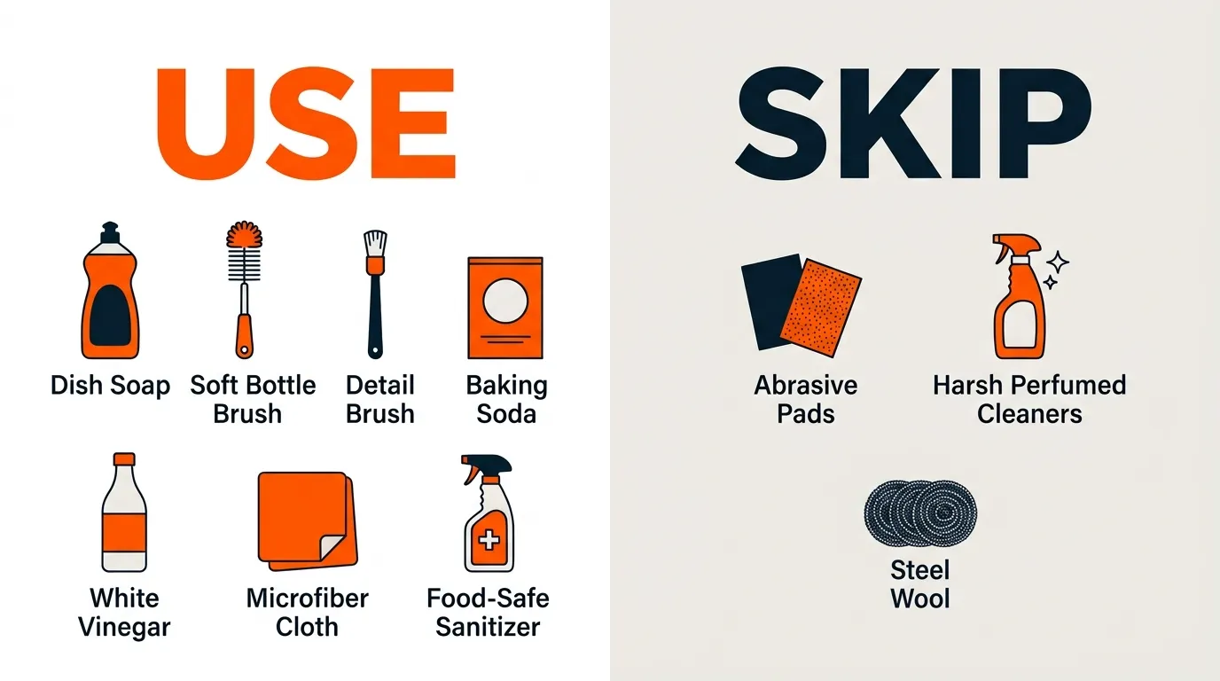 Soft brushes, dish soap, baking soda, vinegar, and microfiber cloth arranged beside cleaning tools to avoid