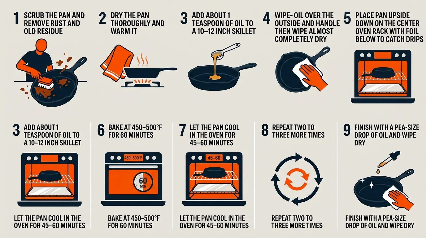 Step-by-step cast iron seasoning process showing scrubbing oiling wiping baking cooling and repeating thin coats