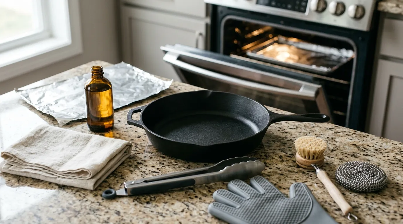 Cast iron skillet with neutral oil, cloth, tongs, foil, scrubber, and oven ready for seasoning