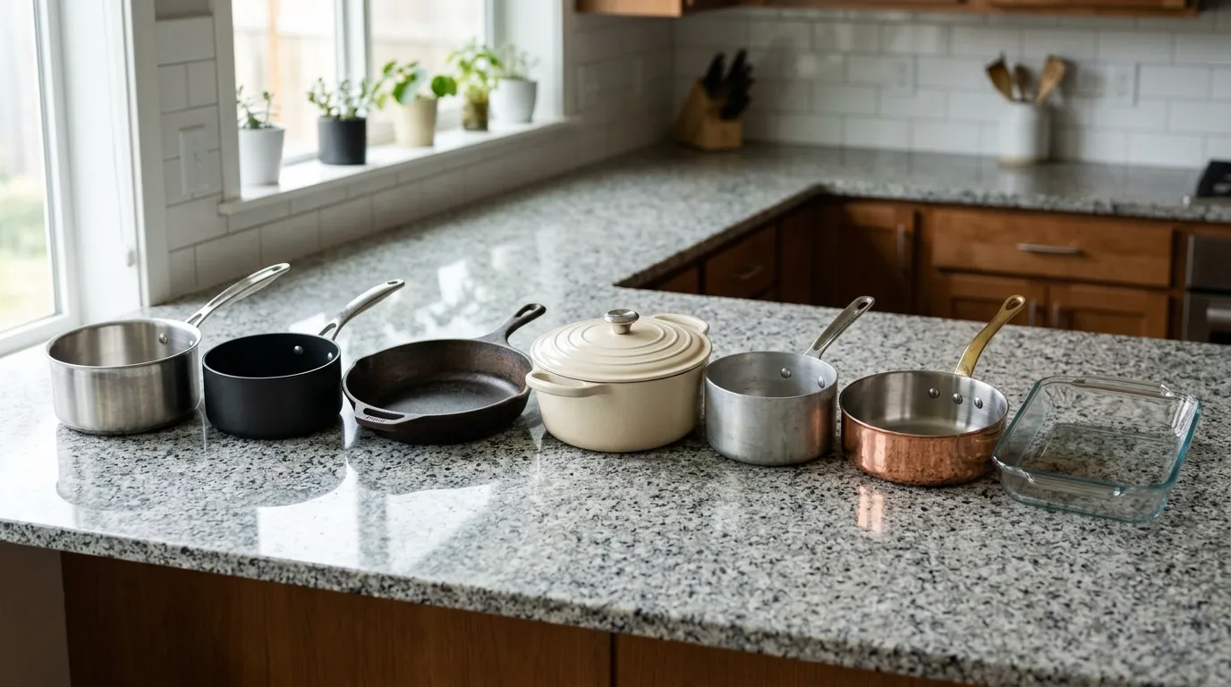 Stainless steel, nonstick, cast iron, enameled cast iron, aluminum, copper, and glass cookware shown for different cleaning methods