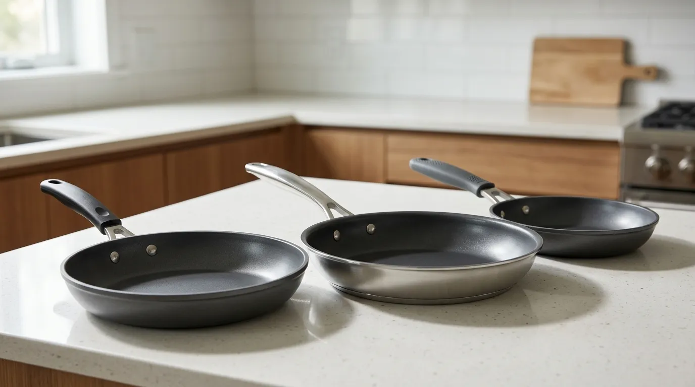 Non-stick pans with different materials, sizes, and sturdy handles arranged for comparison