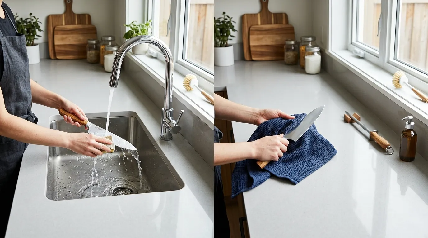 Kitchen knife being hand washed and dried before safe storage with a clean towel