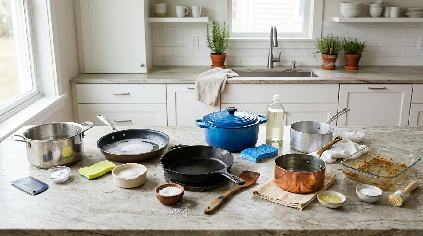 Different cookware materials being cleaned with material-appropriate tools and gentle cleaning methods