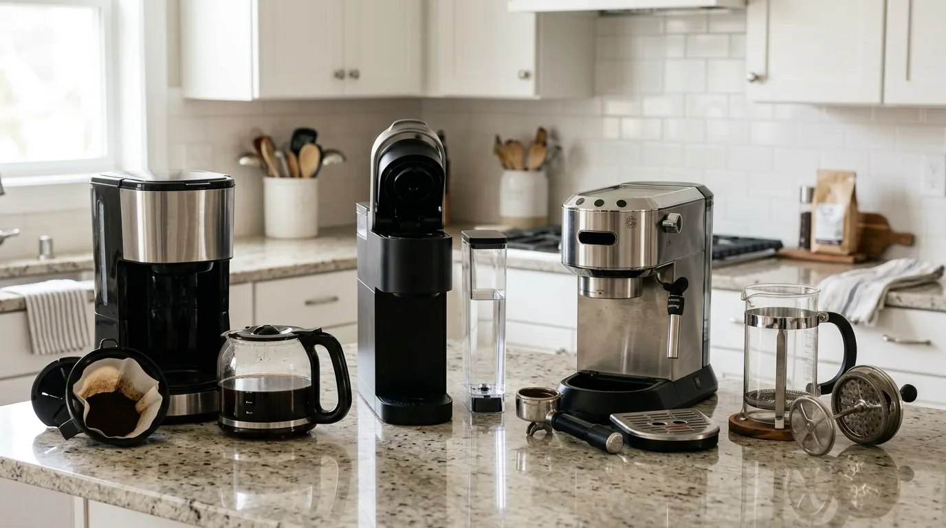 Drip coffee maker, single-serve brewer, espresso machine, and French press shown with different cleaning considerations