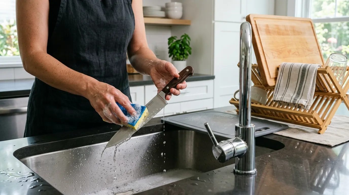 Knife and cutting board being hand washed and dried safely after food preparation