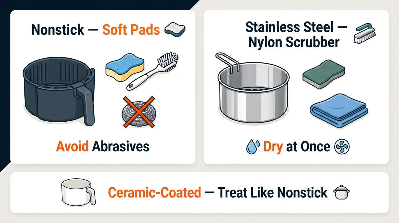 Nonstick and stainless steel air fryer baskets shown with different cleaning tools suited to each material