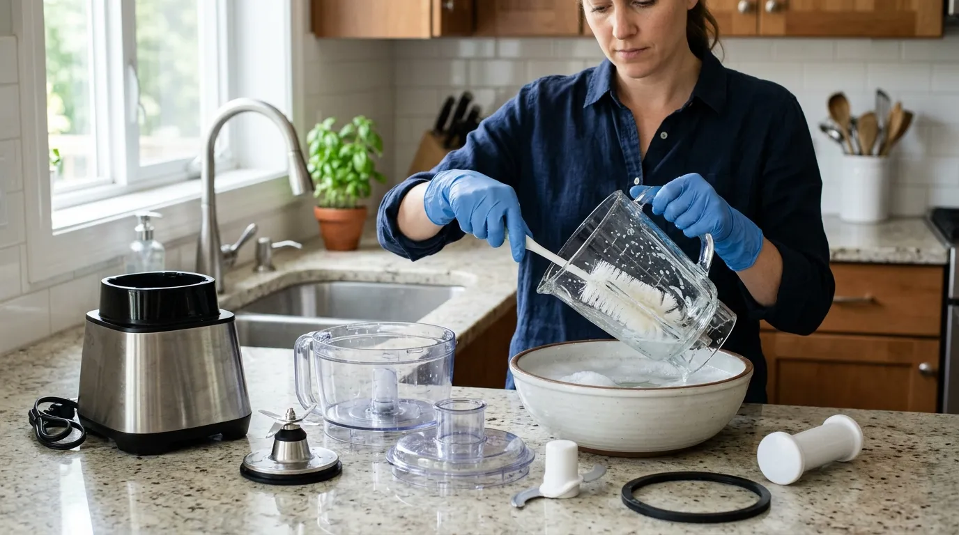 Blender jar, blade, gasket, and food processor parts being cleaned separately with warm soapy water and a soft brush