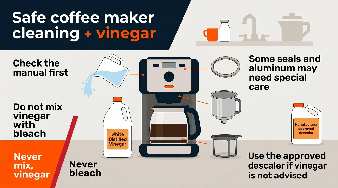 White vinegar, coffee maker components, and cleaning supplies arranged to illustrate safe cleaning practices