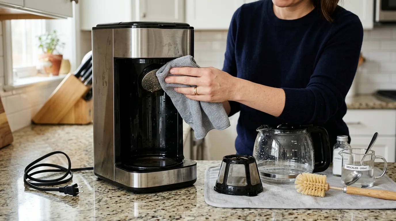 Coffee maker being cleaned with a rinsed filter basket, clean carafe, and descaling setup beside the machine