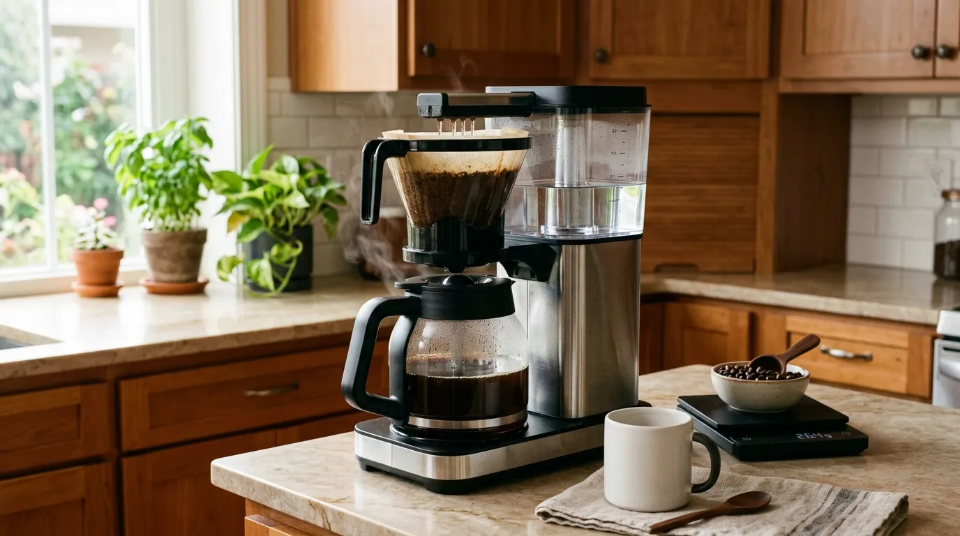 Automatic drip coffee maker showing the water tank, filter basket, showerhead, and carafe during the brewing process