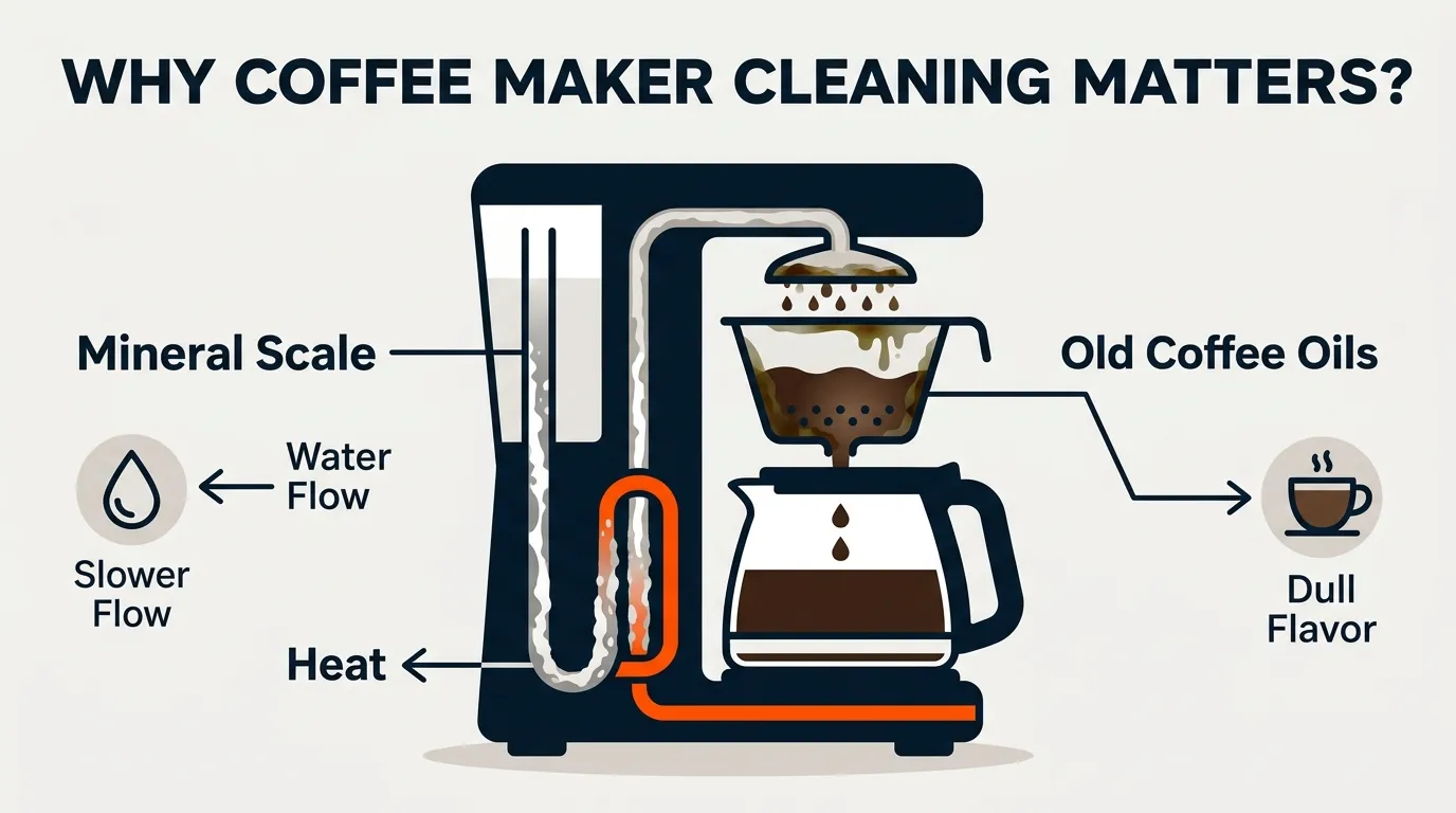 Coffee maker components showing mineral scale and coffee residue that can affect brewing performance and flavor