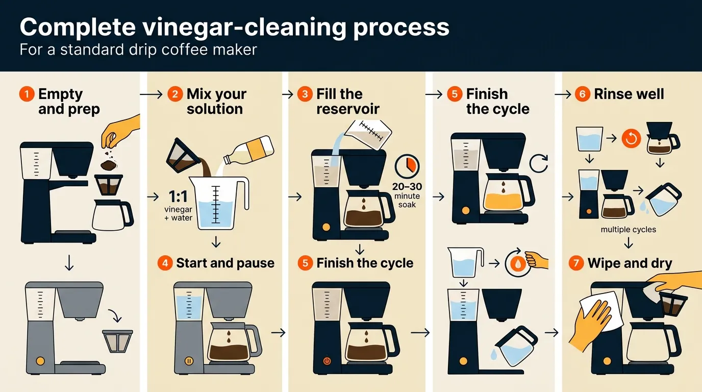 Step-by-step coffee maker cleaning process using diluted white vinegar, water, and multiple rinse cycles