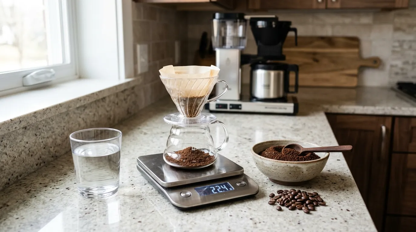 Coffee beans, medium grounds, measuring scale, and filtered water illustrating the key factors for balanced drip coffee