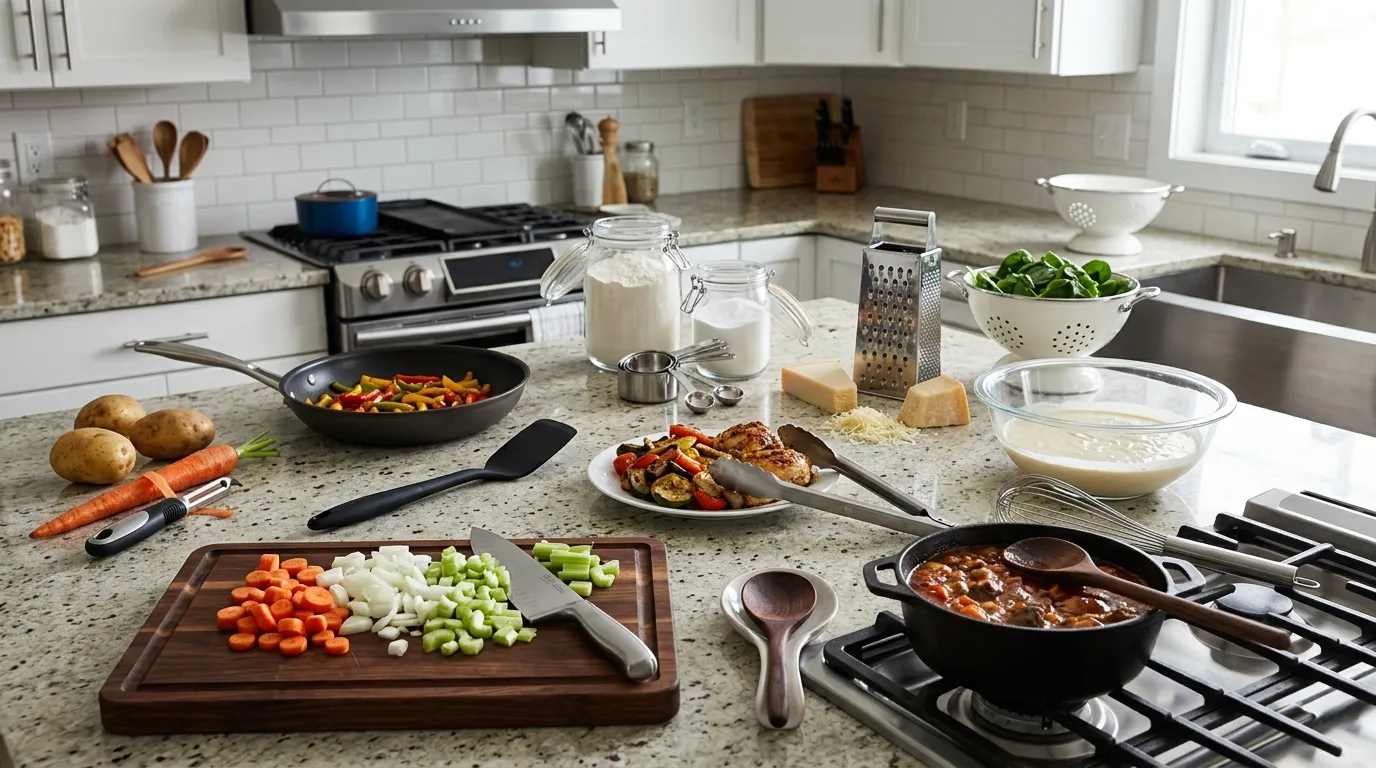 Chef's knife, cutting board, tongs, whisk, peeler, spatula, grater, and measuring tools arranged for everyday kitchen tasks