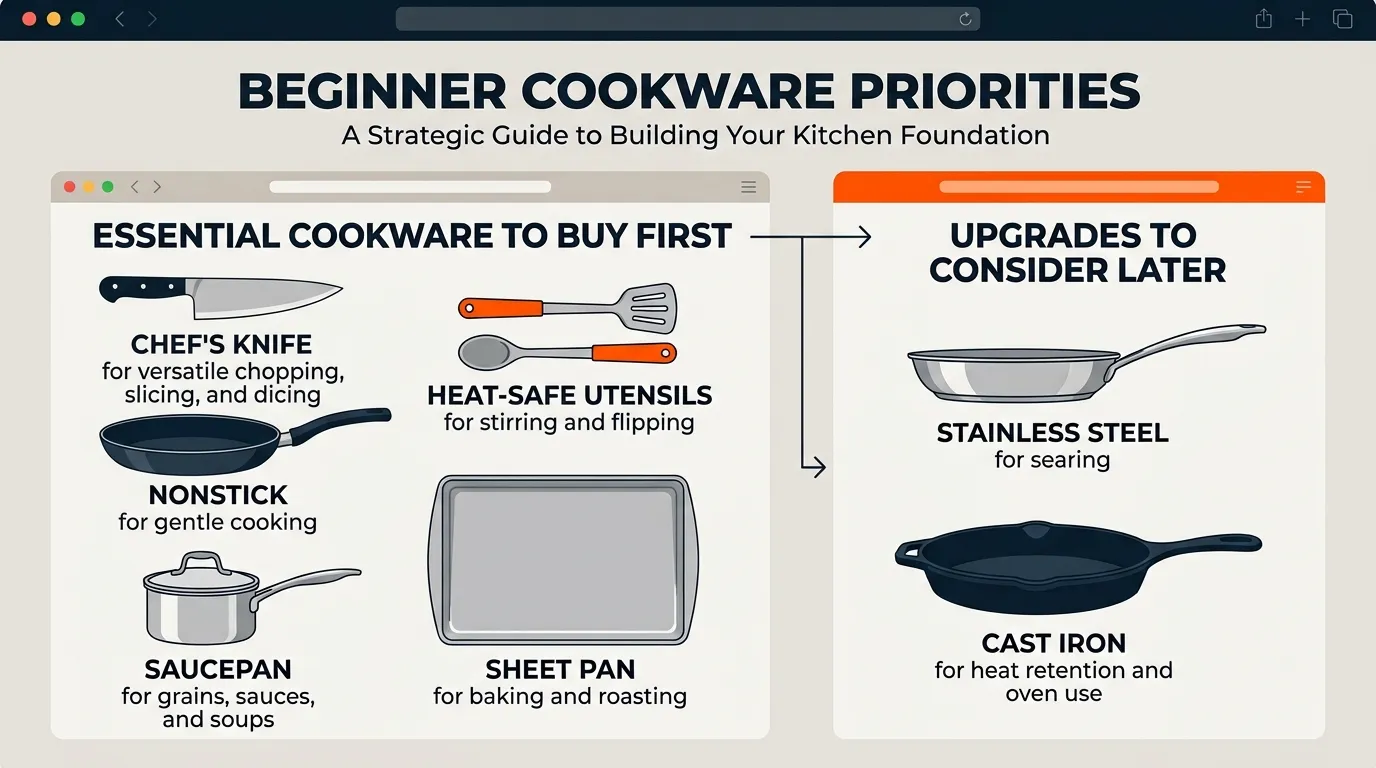 Beginner cookware guide comparing nonstick, stainless steel, cast iron, saucepan, and sheet pan essentials