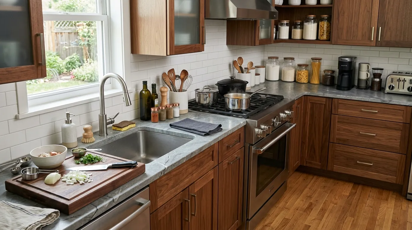 Kitchen arranged into practical prep cooking cleaning storage and beverage zones