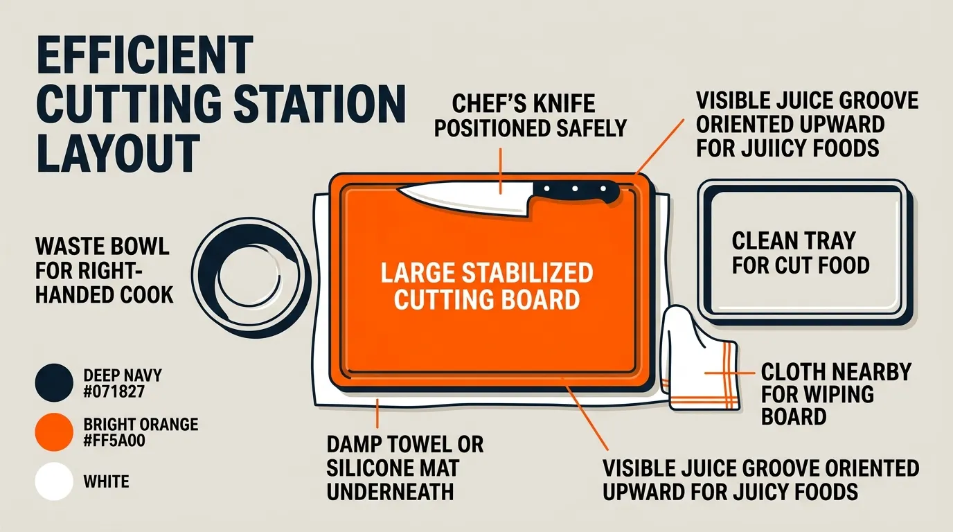 Cutting station layout with a stabilized board, waste bowl, clean tray, knife, and juice groove positioned for efficient prep