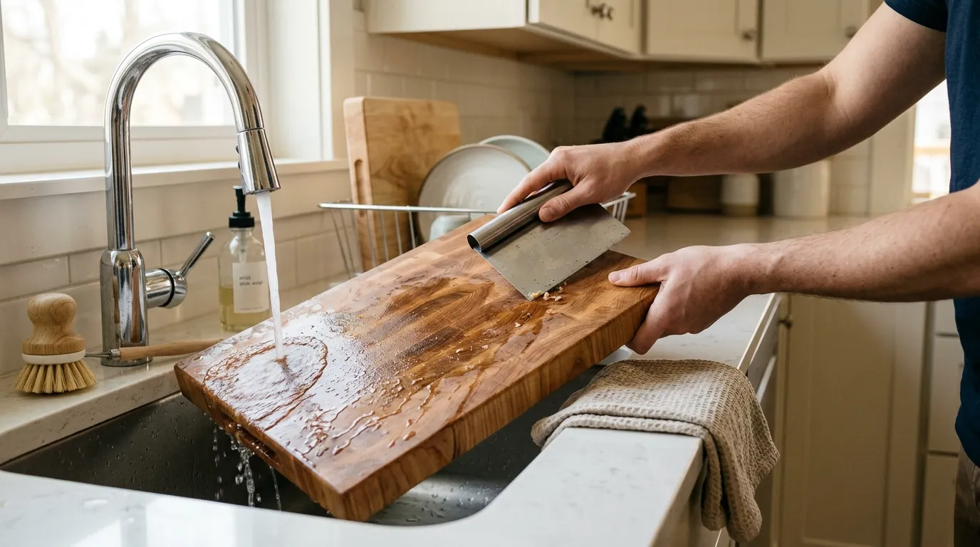Wooden cutting board being scraped washed rinsed and dried upright after food preparation