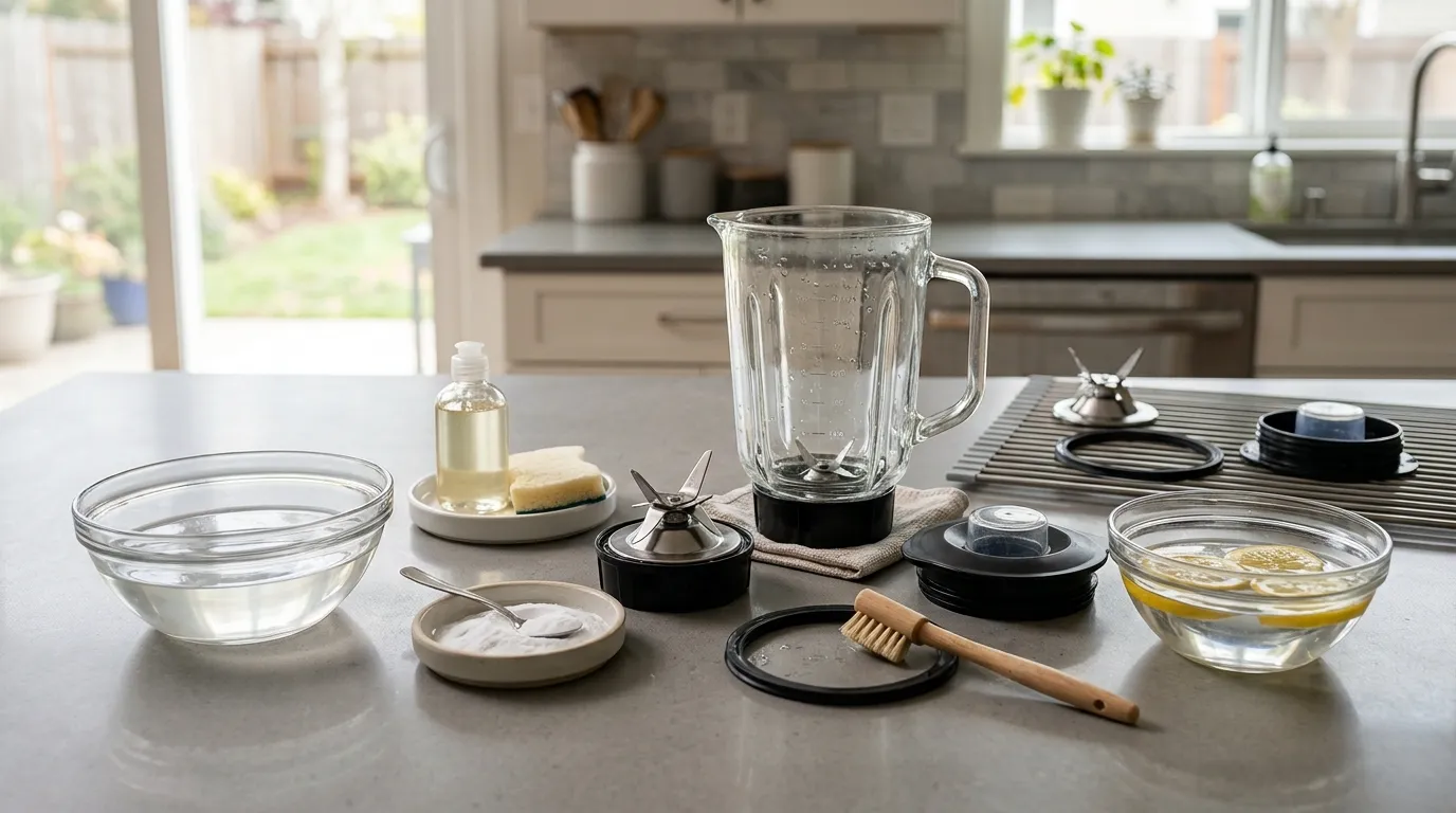 Blender jar and gasket being deep-cleaned with baking soda, vinegar solution, lemon water, and a soft detail brush