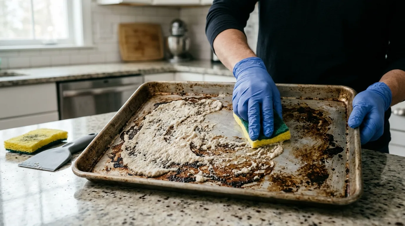Baking tray covered with burnt-on grease being treated with baking soda paste and gently scrubbed