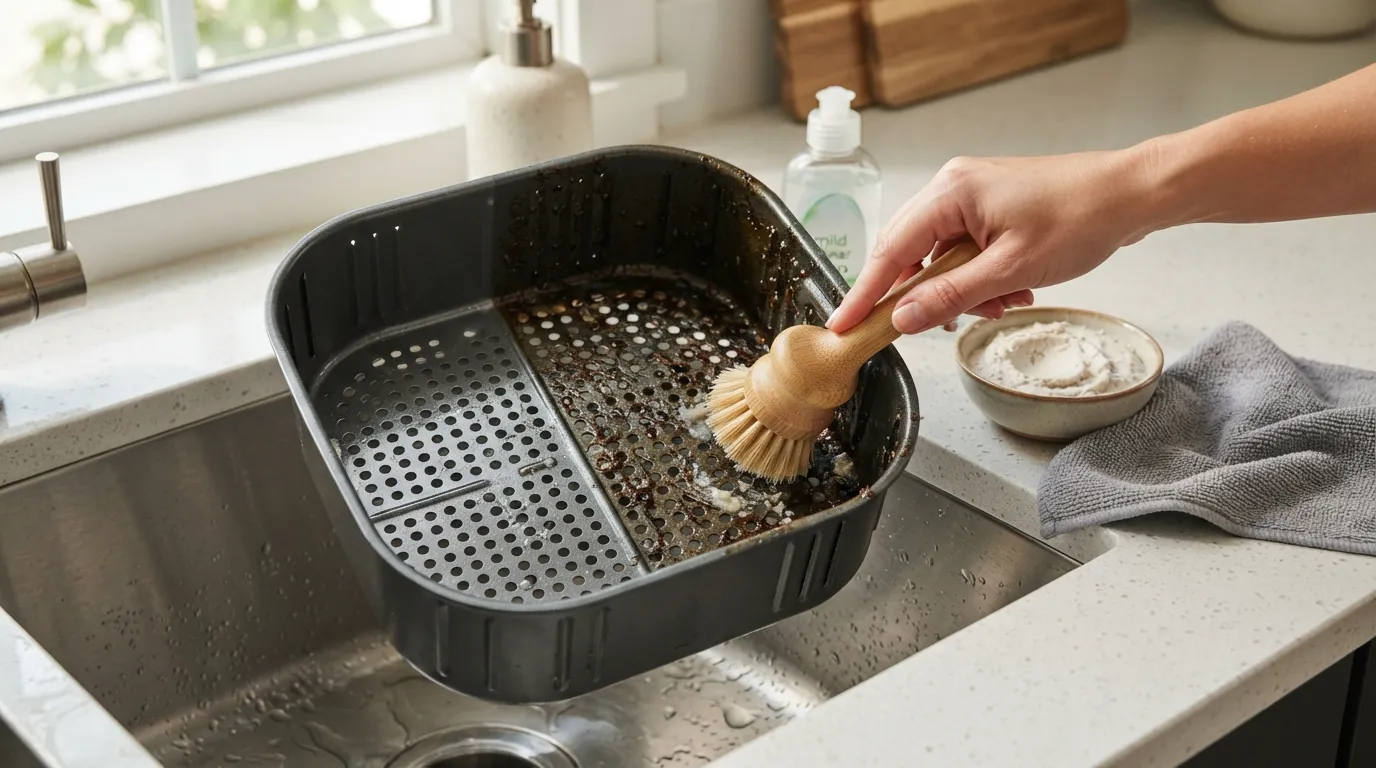 Air fryer basket with baked-on grease being treated with baking soda paste and a soft brush