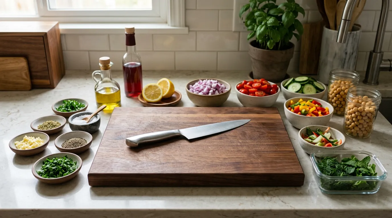 Organized kitchen prep station with chef's knife, cutting board, scrap bowl, ingredients, and measured cooking components