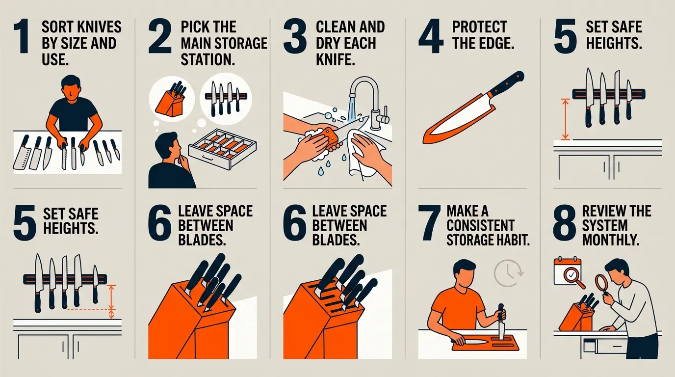 Step-by-step kitchen knife storage routine showing sorting, cleaning, drying, protecting, positioning, spacing, storing, and reviewing knives