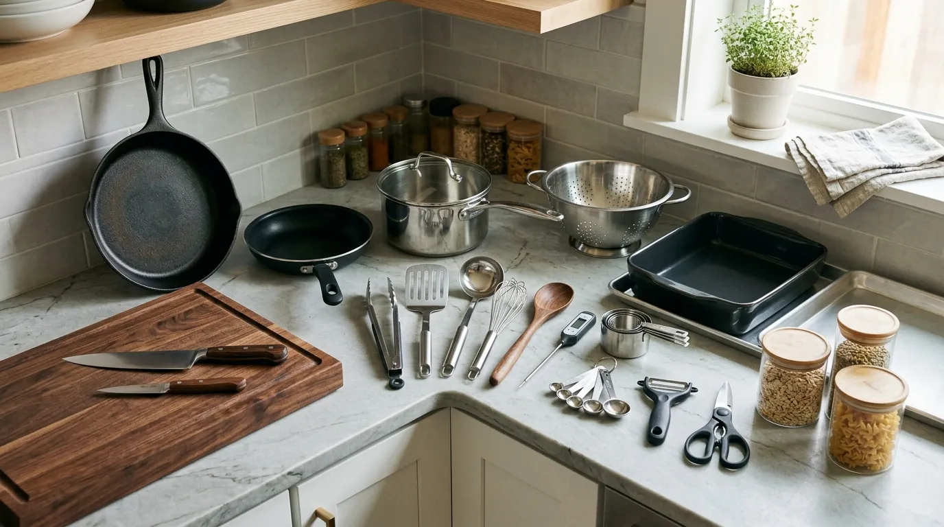 Essential beginner cooking tools including skillet, saucepan, chef’s knife, cutting board, thermometer, and utensils
