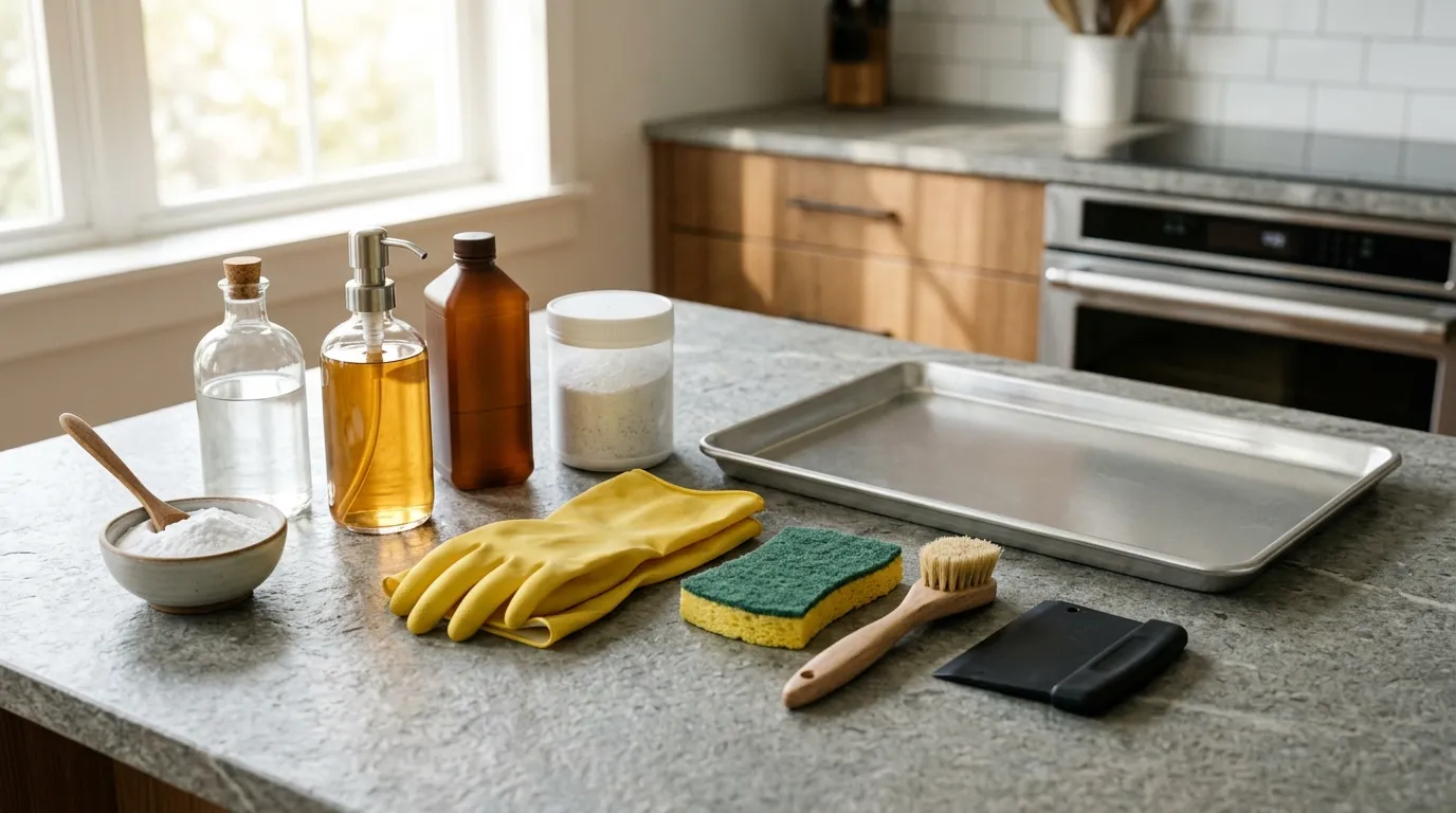 Baking soda, dish soap, soft sponge, plastic scraper, nylon brush, gloves, and other baking tray cleaning tools